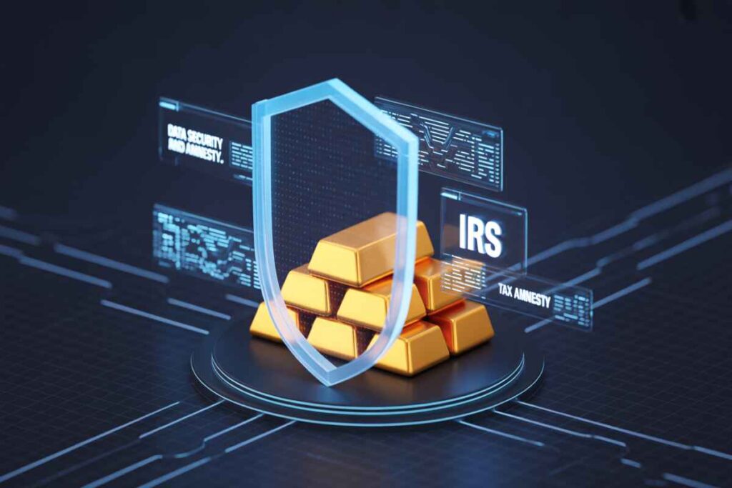 A conceptual graphic showing IRS legal actions like passport suspension and asset liens for historical non-compliance in 2026.