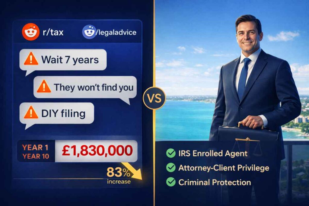 Infographic comparing anonymous forum discussions versus certified legal consultations for historical tax compliance.