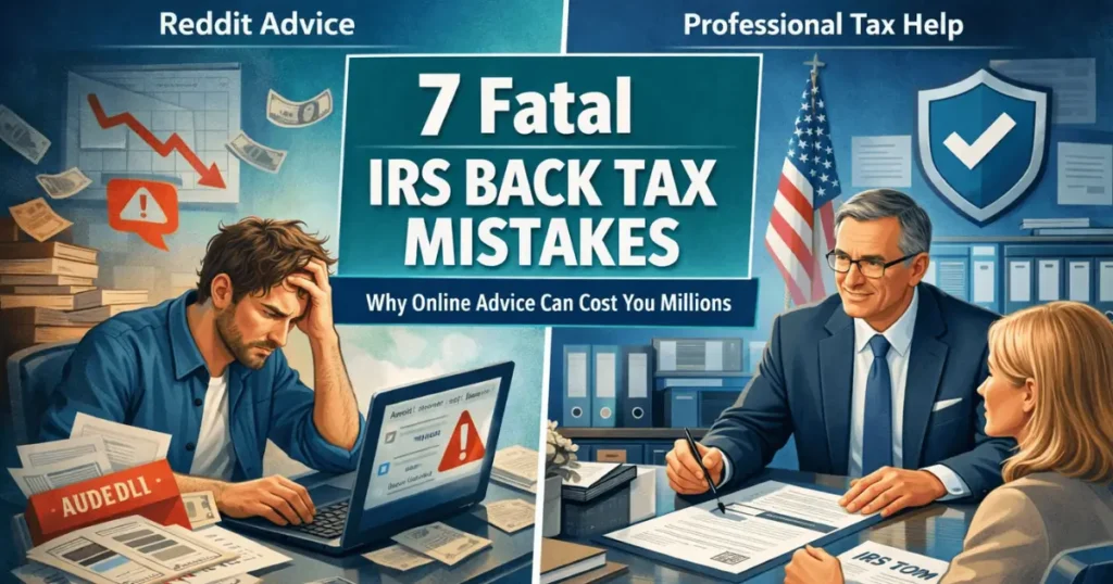 Illustration showing the risks of relying on Reddit advice for IRS back taxes resolution compared to professional tax audit defence.