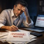 A stressed professional reviewing overdue tax demand notices and official IRS letters at his office desk at night.