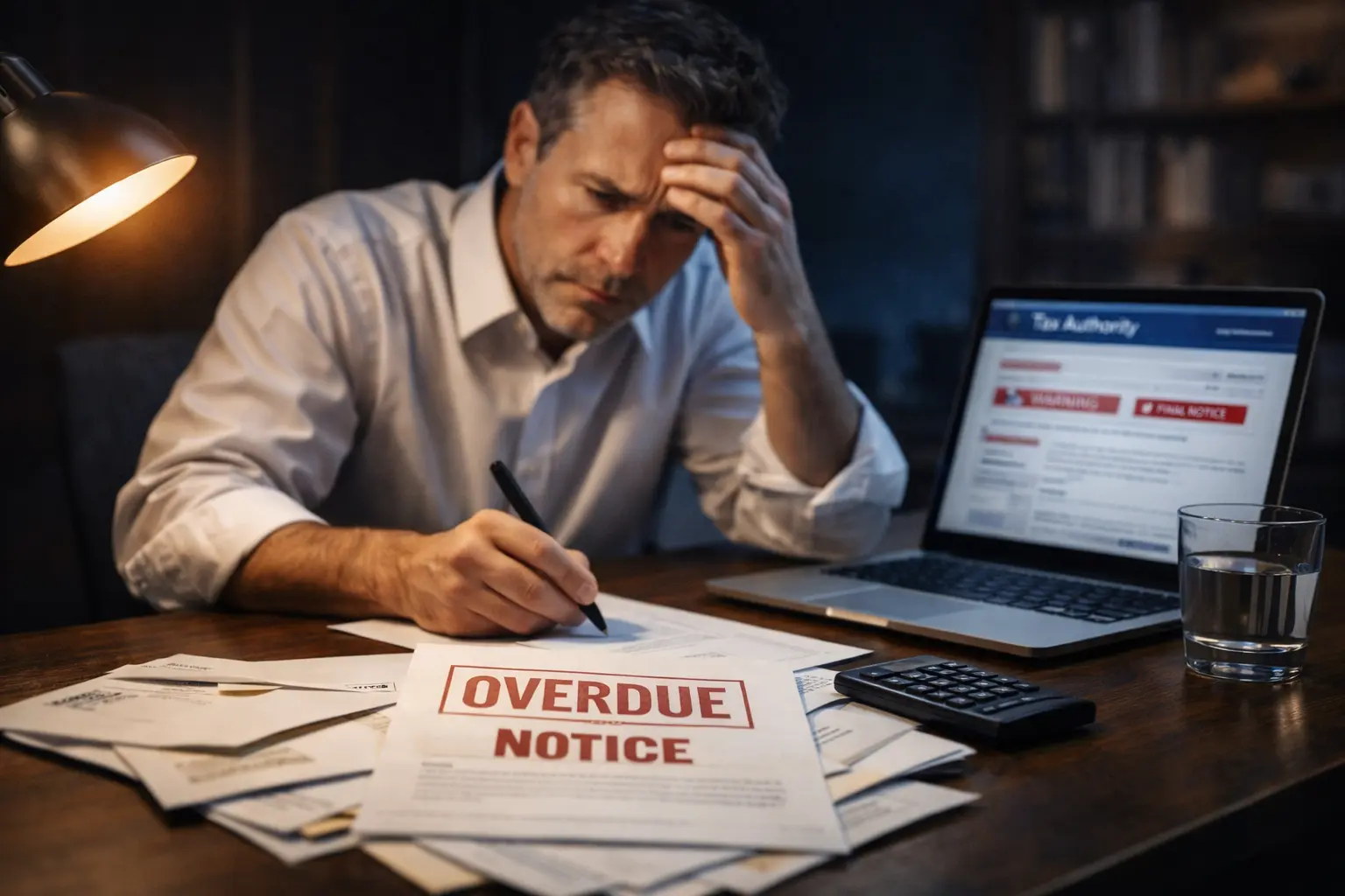A stressed professional reviewing overdue tax demand notices and official IRS letters at his office desk at night.