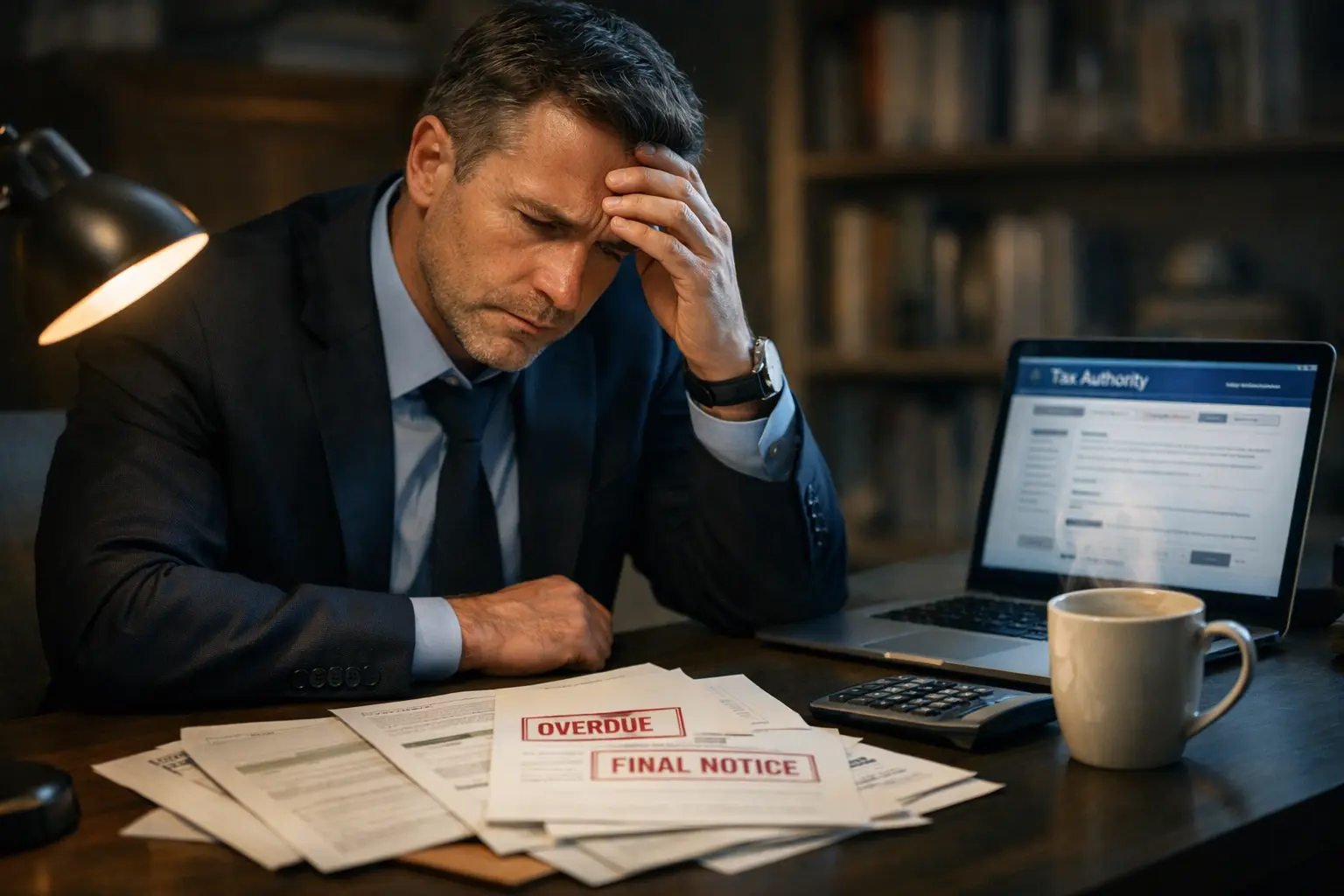 A stressed professional reviewing overdue tax notices and demand letters at a home office desk at night.