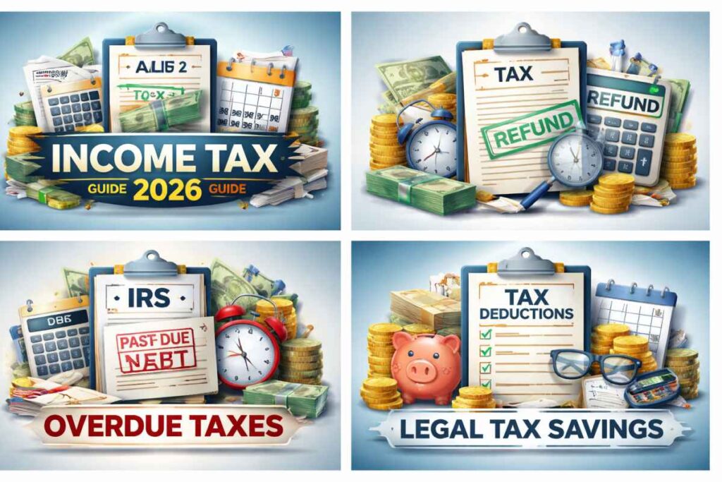 Income Tax 2026 guide showing tax forms, calculator, cash, and documents related to overdue IRS taxes