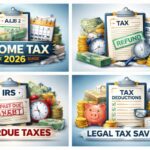Income Tax 2026 guide showing tax forms, calculator, cash, and documents related to overdue IRS taxes