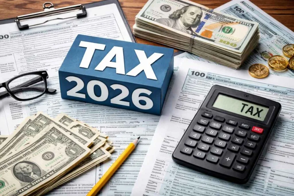 Income Tax 2026 guide showing tax forms, calculator, cash, and documents related to overdue IRS taxes