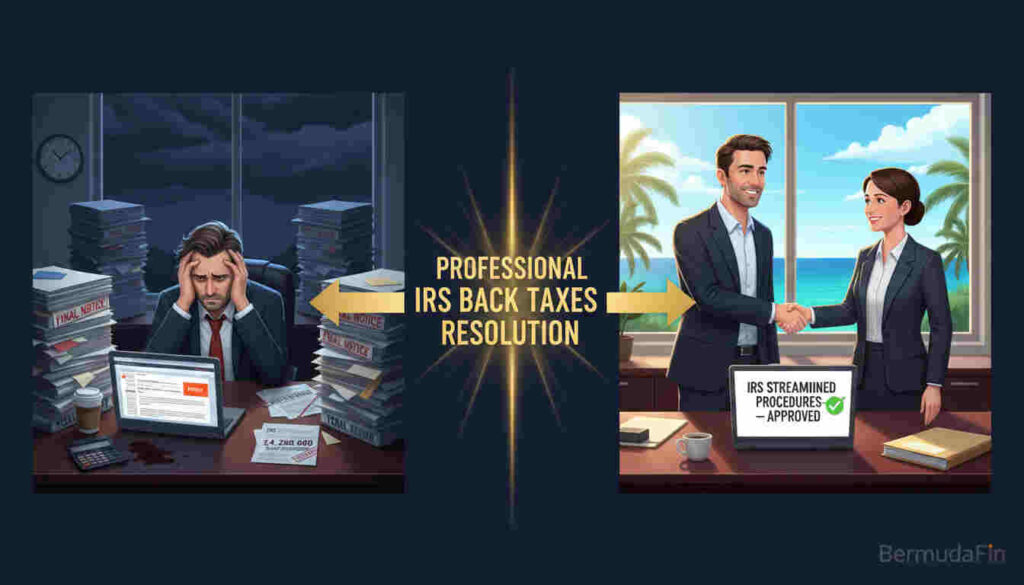IRS back taxes resolution comparison showing common Reddit advice mistakes versus successful professional tax audit defense outcomes