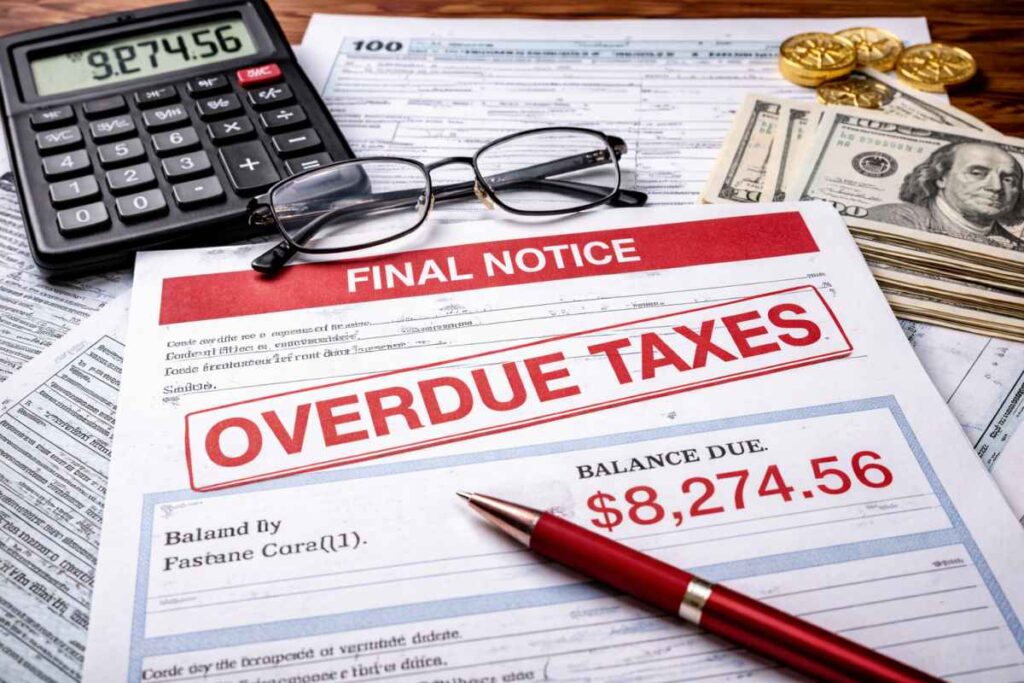 IRS overdue tax balance due notice showing final notice and unpaid tax amount