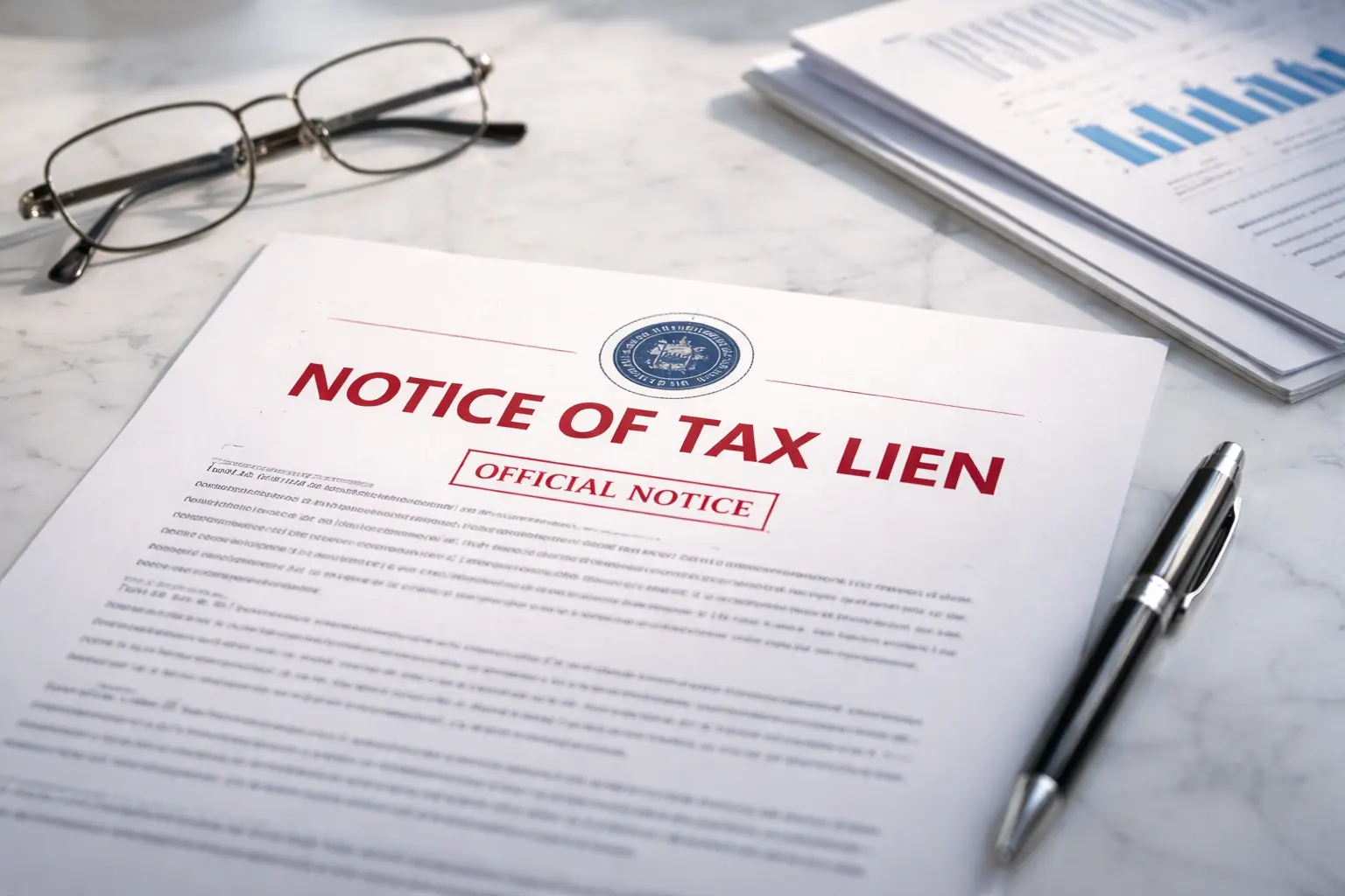 Official Notice of Federal Tax Lien document on a desk - legal consequences of overdue taxes.