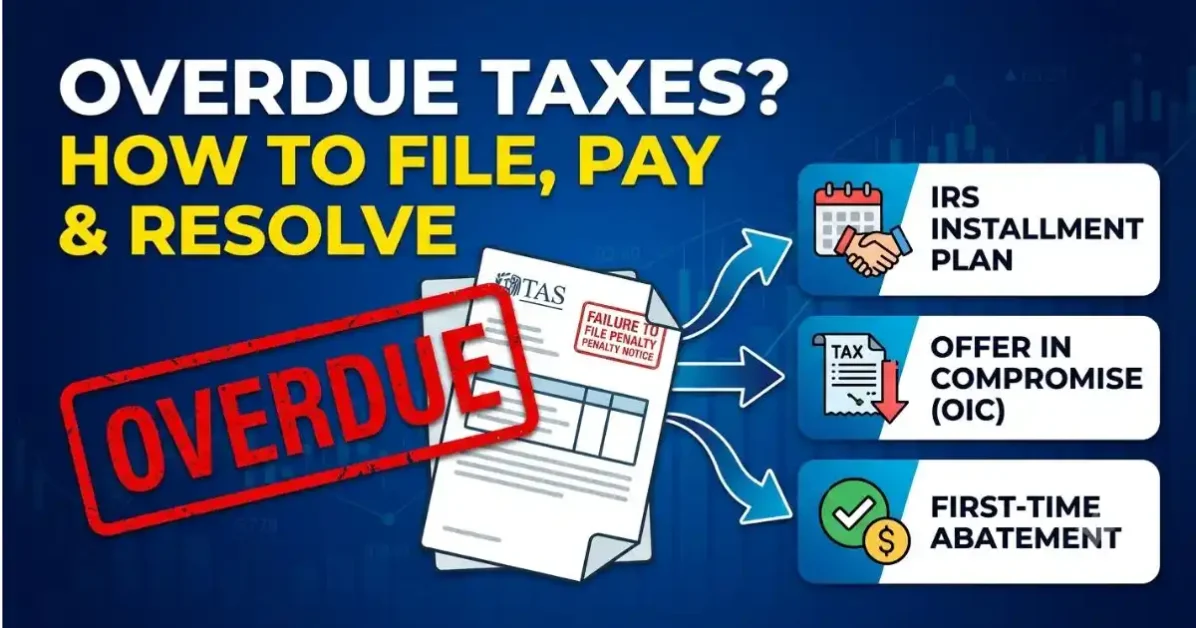 A high-contrast graphic image illustrating solutions for overdue taxes, featuring a prominent red "OVERDUE" stamp, an IRS penalty notice, and dynamic links to settlement options: IRS Installment Plan, Offer in Compromise (OIC), and First-Time Abatement.