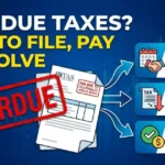 A high-contrast graphic image illustrating solutions for overdue taxes, featuring a prominent red "OVERDUE" stamp, an IRS penalty notice, and dynamic links to settlement options: IRS Installment Plan, Offer in Compromise (OIC), and First-Time Abatement.