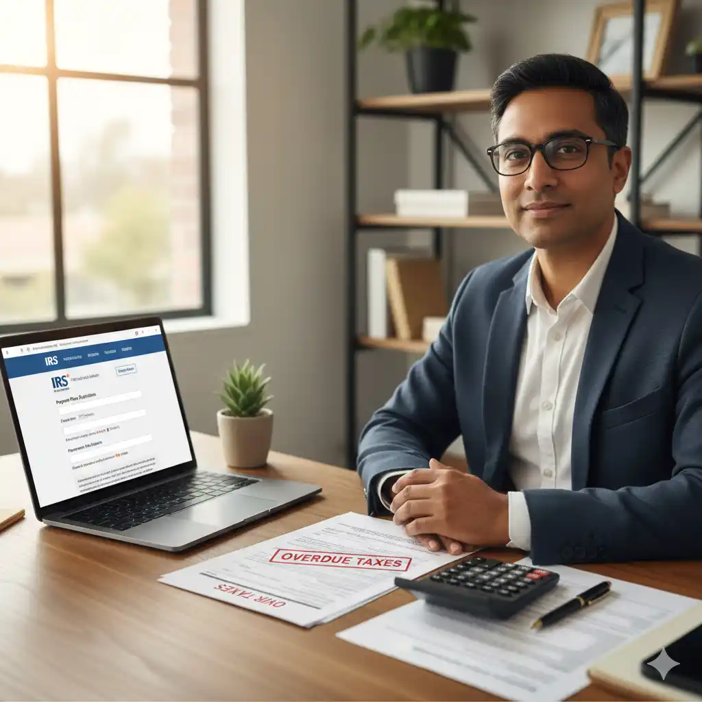 Person reviewing overdue taxes documents while applying for IRS payment plan online