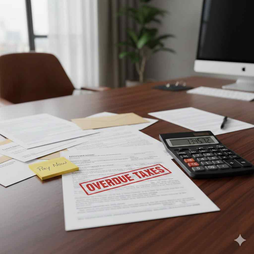 Official overdue taxes notice with calculator and unpaid back taxes documents on desk