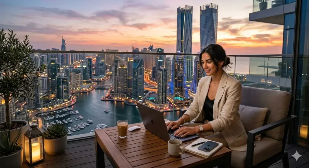 
A digital nomad working on a luxury balcony overlooking a city skyline, representing the best tax-free countries for digital nomads in 2026.
