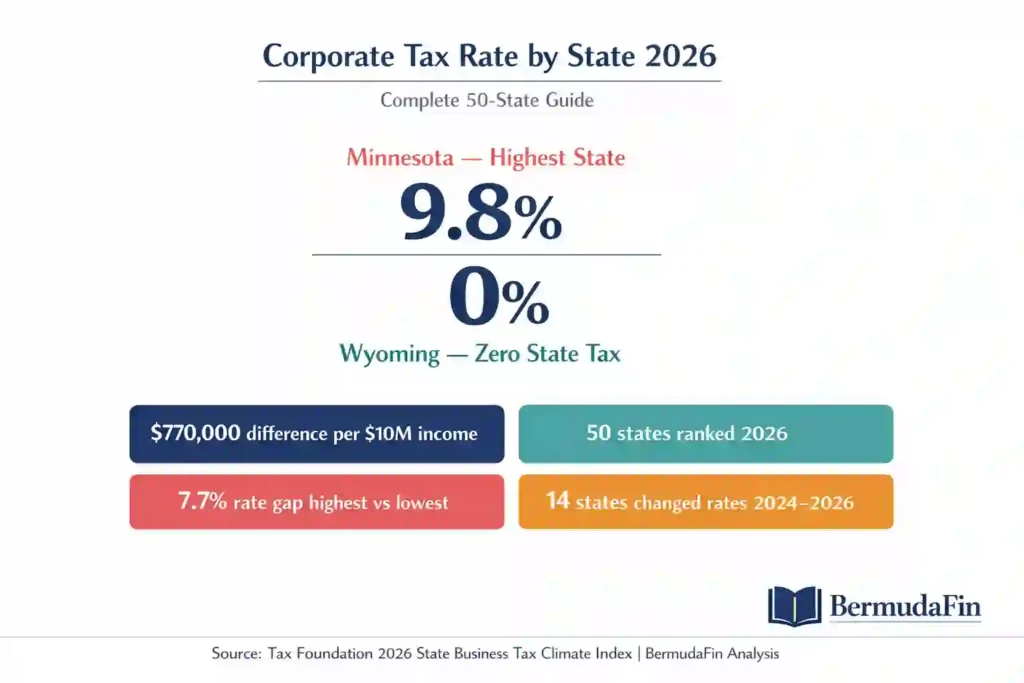 Corporate tax rate by state 2026 infographic showing 9.8% Minnesota highest rate versus 0% Wyoming zero rate with $770,000 annual tax difference per $10 million income — BermudaFin
