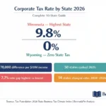 Corporate tax rate by state 2026 infographic showing 9.8% Minnesota highest rate versus 0% Wyoming zero rate with $770,000 annual tax difference per $10 million income — BermudaFin