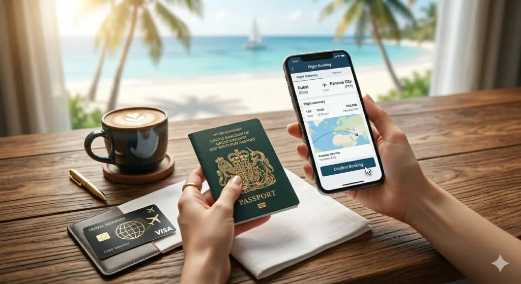 A first-person perspective shot of a digital nomad's desk with a passport, travel card, and coffee, overlooking a beautiful tropical beach view.