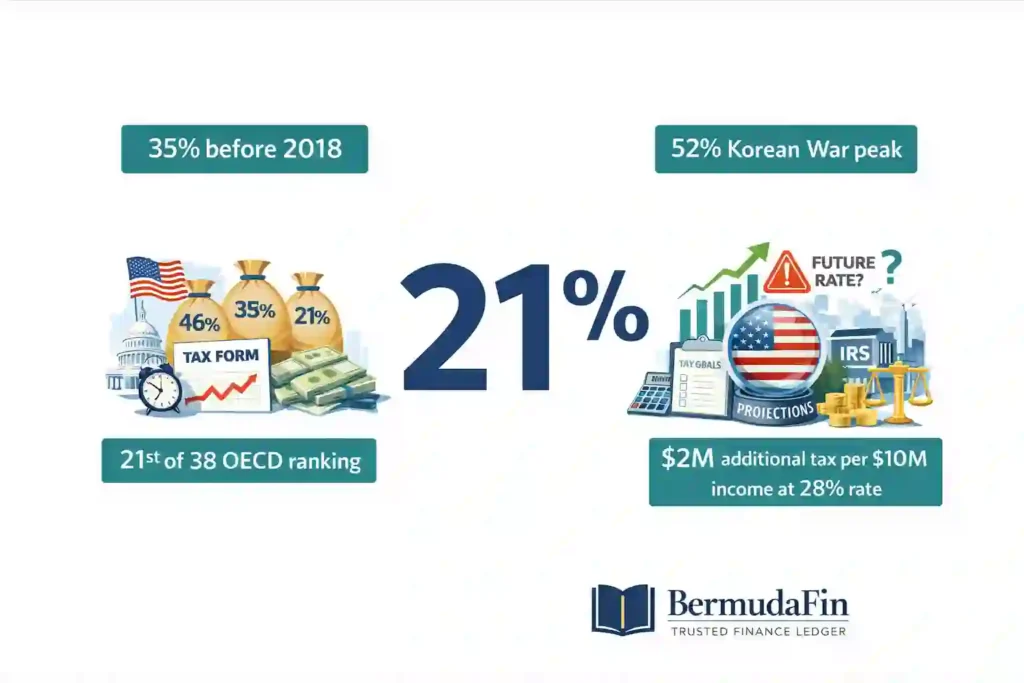 Federal corporate tax rate 2026 showing 21% flat rate compared to 35% pre-TCJA and 52% Korean War peak — BermudaFin infographic
