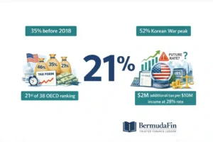 Federal corporate tax rate 2026 showing 21% flat rate compared to 35% pre-TCJA and 52% Korean War peak — BermudaFin infographic