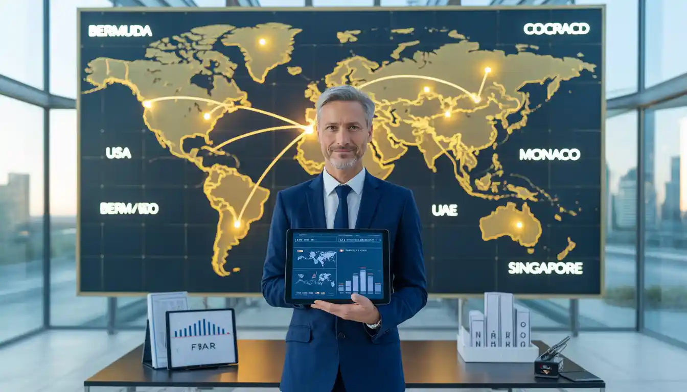 Global Taxation and IRS Compliance 2026 world map showing offshore hubs for expats and HNWIs by BermudaFin