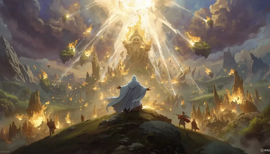 Land Tax MTG commander battlefield showing magical lands appearing with golden energy explosions