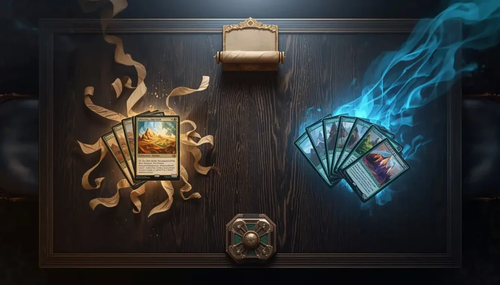 Land Tax MTG and Scroll Rack combo strategy showing glowing cards on gaming table