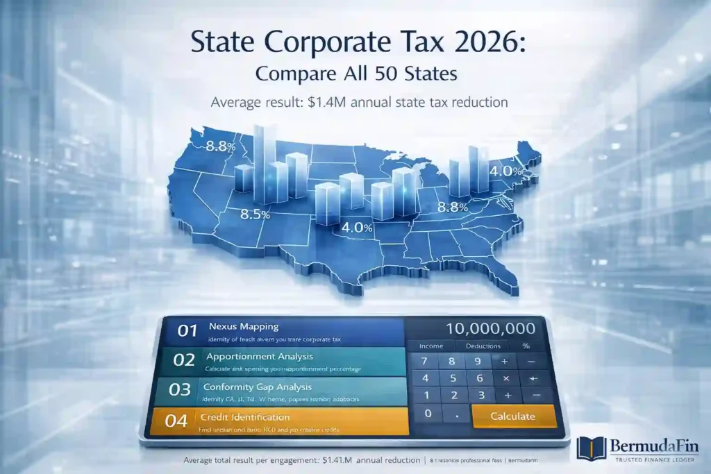 Interactive map and calculator showing 2026 state corporate tax rates for all 50 US states.