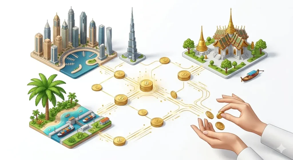 3D isometric infographic showing Panama palm tree, Dubai Burj Khalifa, and Thailand temple connected by golden coins and digital lines, representing the best tax-free countries for digital nomads in 2026.