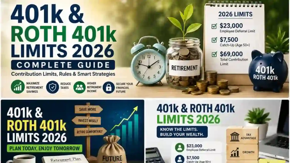 401k and Roth 401k limits 2026 infographic showing employee limit catch-up and total contribution breakdown