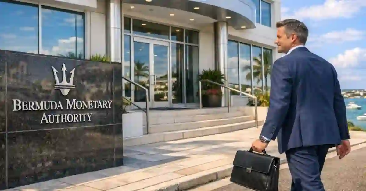 Bermuda Monetary Authority building exterior with investor walking toward entrance on a clear sunny day