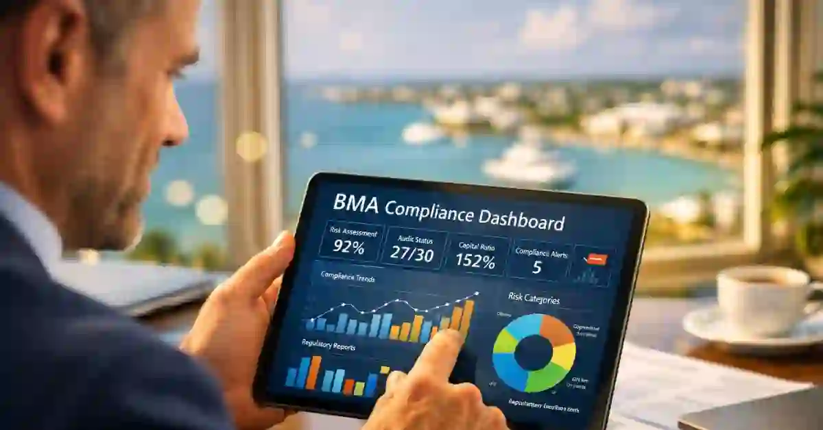 Businessman using a tablet displaying financial regulatory dashboard with ocean view through office window