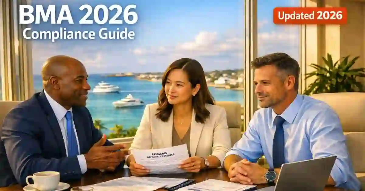 
Three business professionals discussing offshore investment strategy in a glass boardroom with ocean view