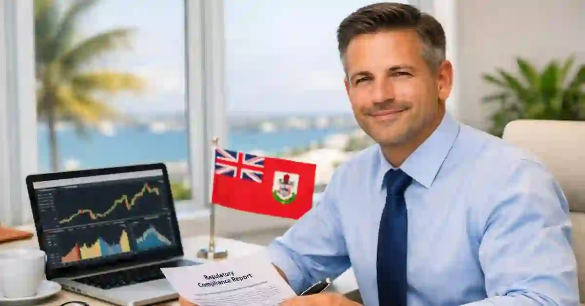 Professional compliance officer reviewing licensing documents at a modern office desk with natural window light