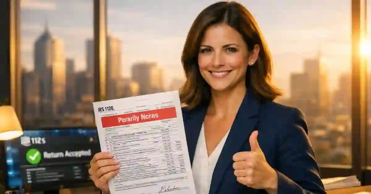 Confident female CPA holding completed Form 1120 document with IRS return accepted confirmation on laptop screen