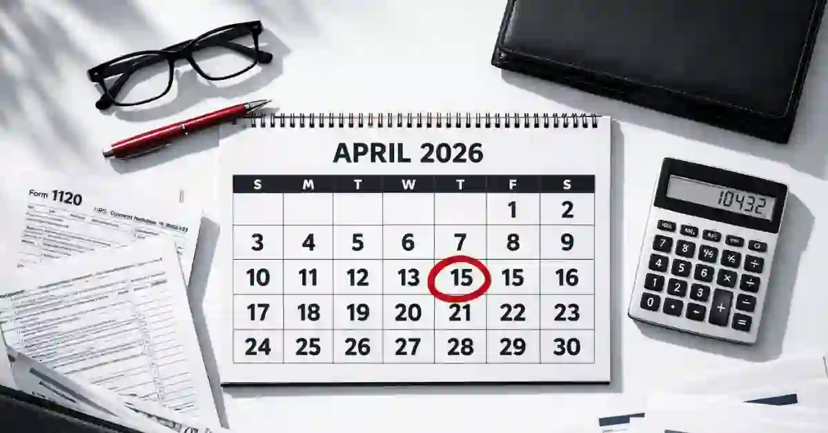 C Corp tax filing deadline April 15 2026 calendar circled in red with IRS documents