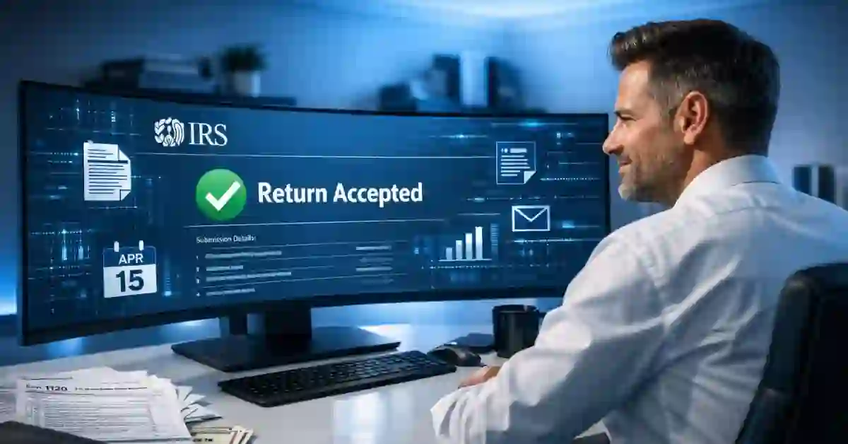 Tax professional submitting corporate return electronically through IRS e-file system on ultrawide monitor