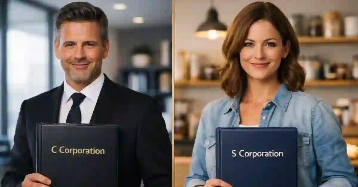 Split screen comparison of C corporation and S corporation business owners holding different tax return documents