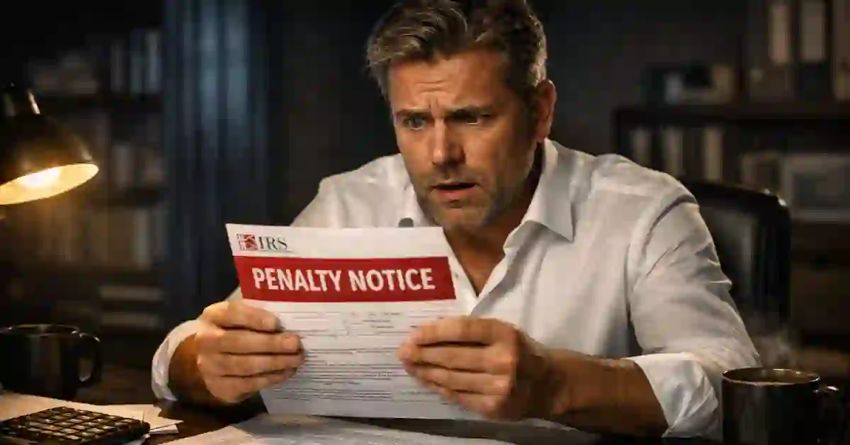 Stressed business owner holding IRS penalty notice letter surrounded by scattered tax documents on messy desk