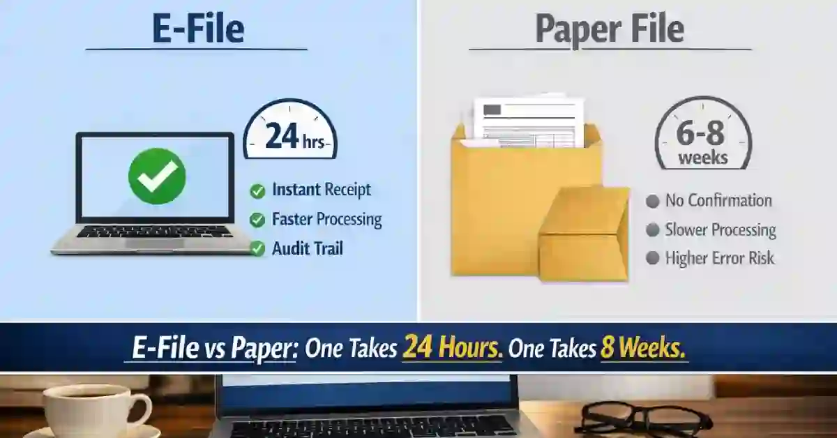 E-file amended 1120-S versus paper filing comparison for
IRS Form 1120-S S-Corporation return 2026 showing
processing time and accuracy differences