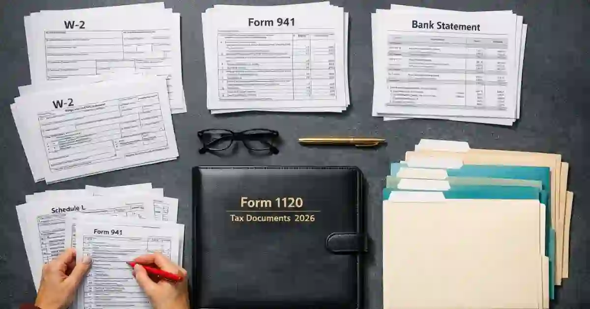 Organized collection of corporate tax documents including W-2 forms bank statements and financial records on dark desk