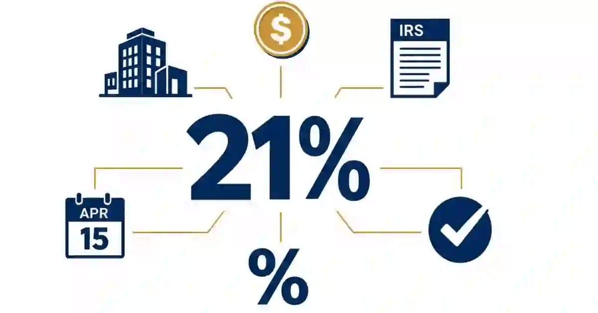 Federal corporate income tax flat rate 21 percent infographic for 2026 with navy blue icons