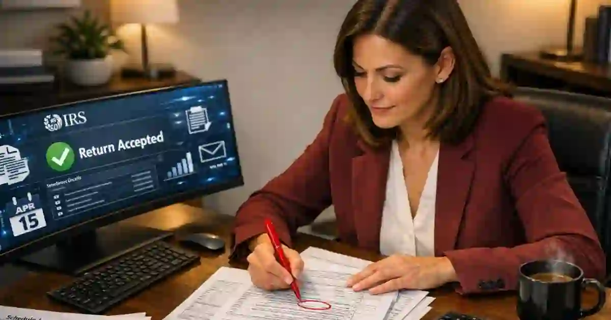 Female CPA marking specific lines on Form 1120 document with required schedules spread on desk