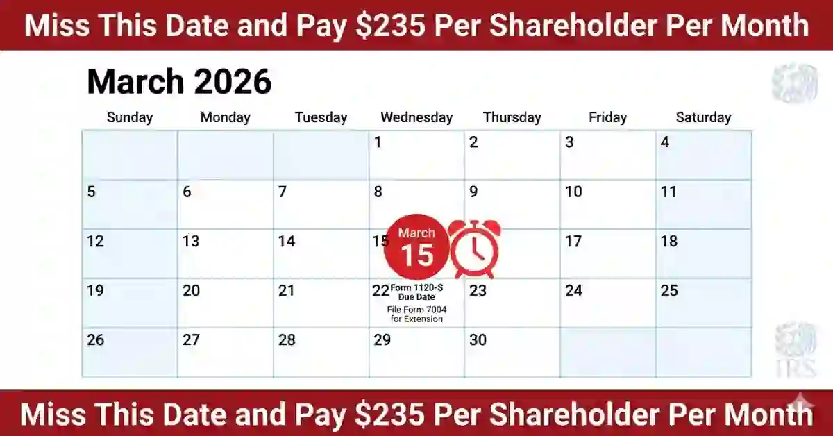 Form 1120-S 2026 filing deadline March 15 calendar showing
S-Corporation tax return due date and Form 7004 extension