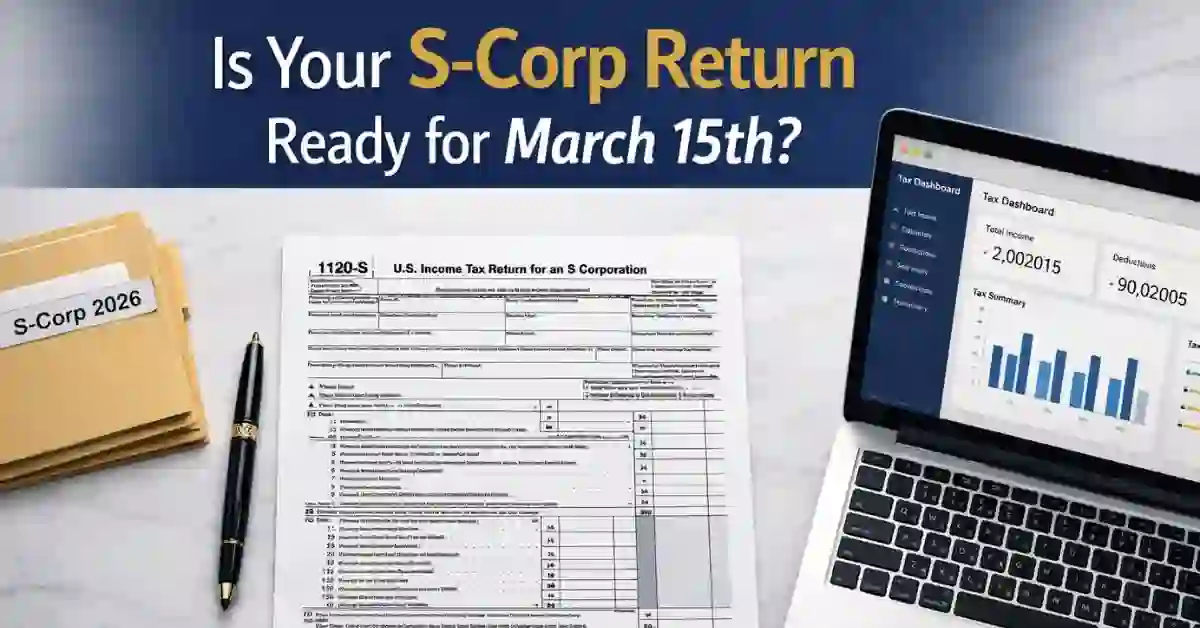 Form 1120-S filing guide 2026 showing IRS S-Corporation tax return documents on a professional desk with laptop