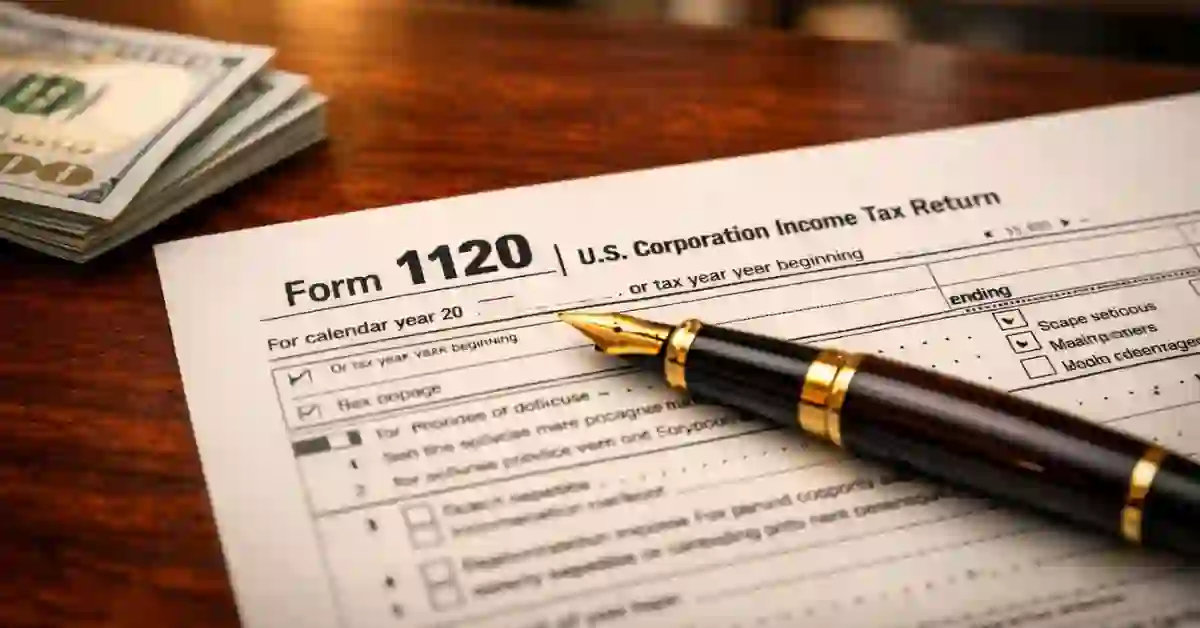IRS Form 1120 U.S. Corporation Income Tax Return document with gold pen on mahogany desk