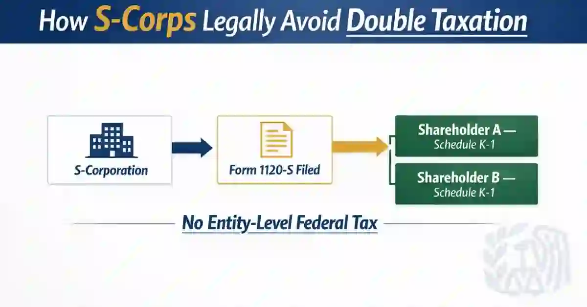 S-Corporation pass-through taxation diagram for Form 1120-S
2026 showing income flow from S-Corp to Schedule K-1
shareholders