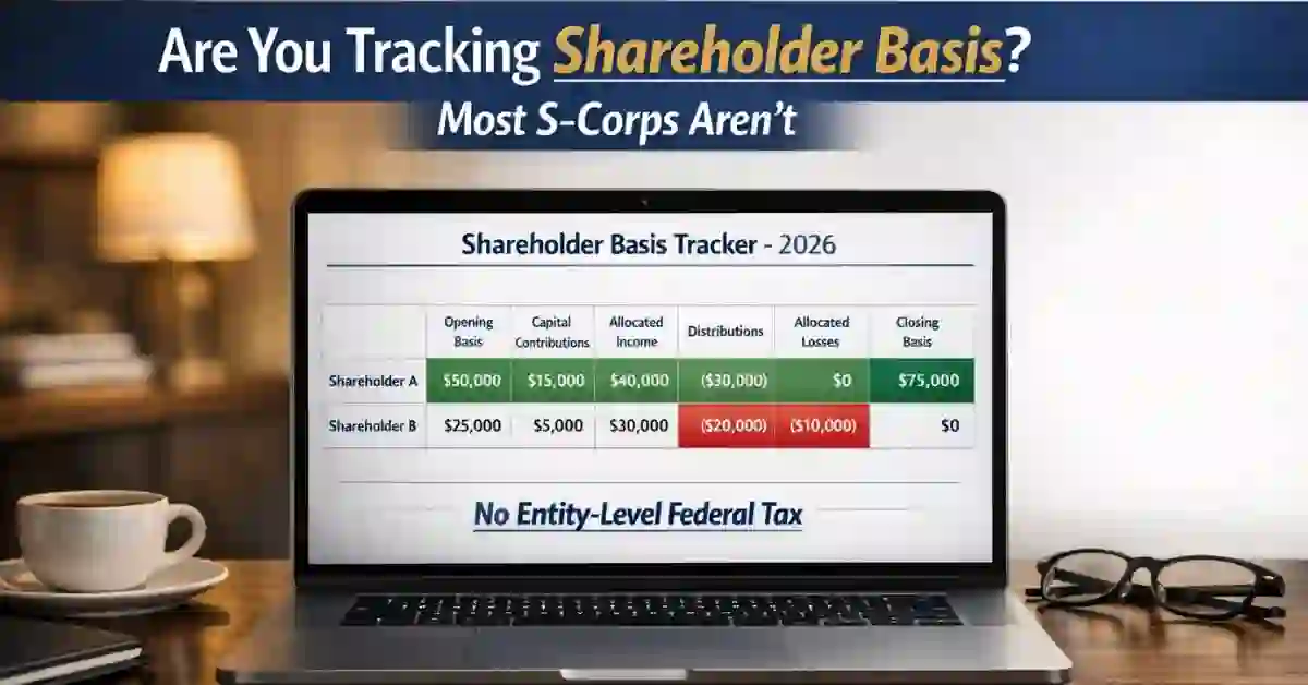 Shareholder basis tracking spreadsheet for S-Corporation
return 2026 showing stock basis calculations for IRS
1120-S compliance
