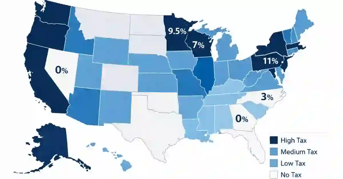 United States map showing state corporate income tax rates ranging from zero to eleven point five percent in 2026