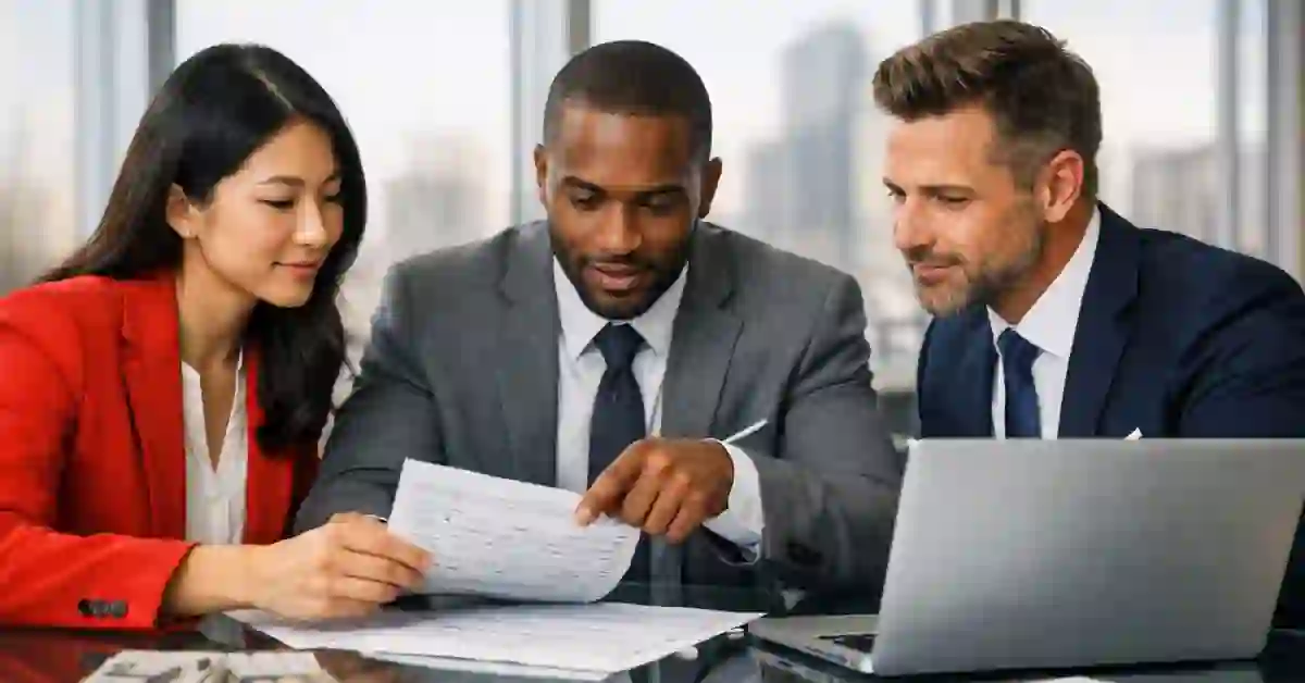 Diverse team of professional accountants reviewing annual corporate tax return documents together