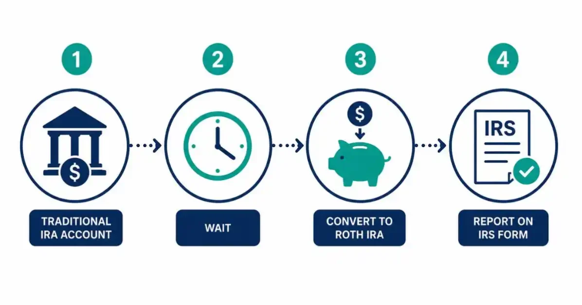 Backdoor Roth IRA step by step process diagram showing
4 steps from traditional IRA contribution to Roth IRA
conversion and Form 8606 filing