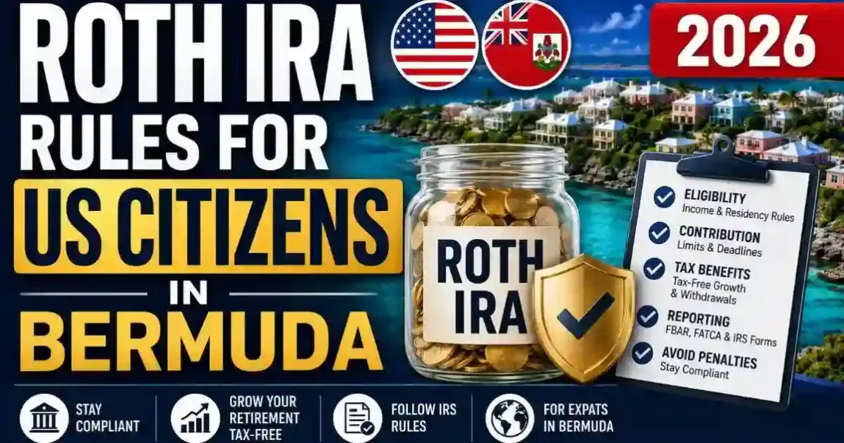 Roth IRA rules for US citizens living in Bermuda with retirement savings jar and compliance checklist